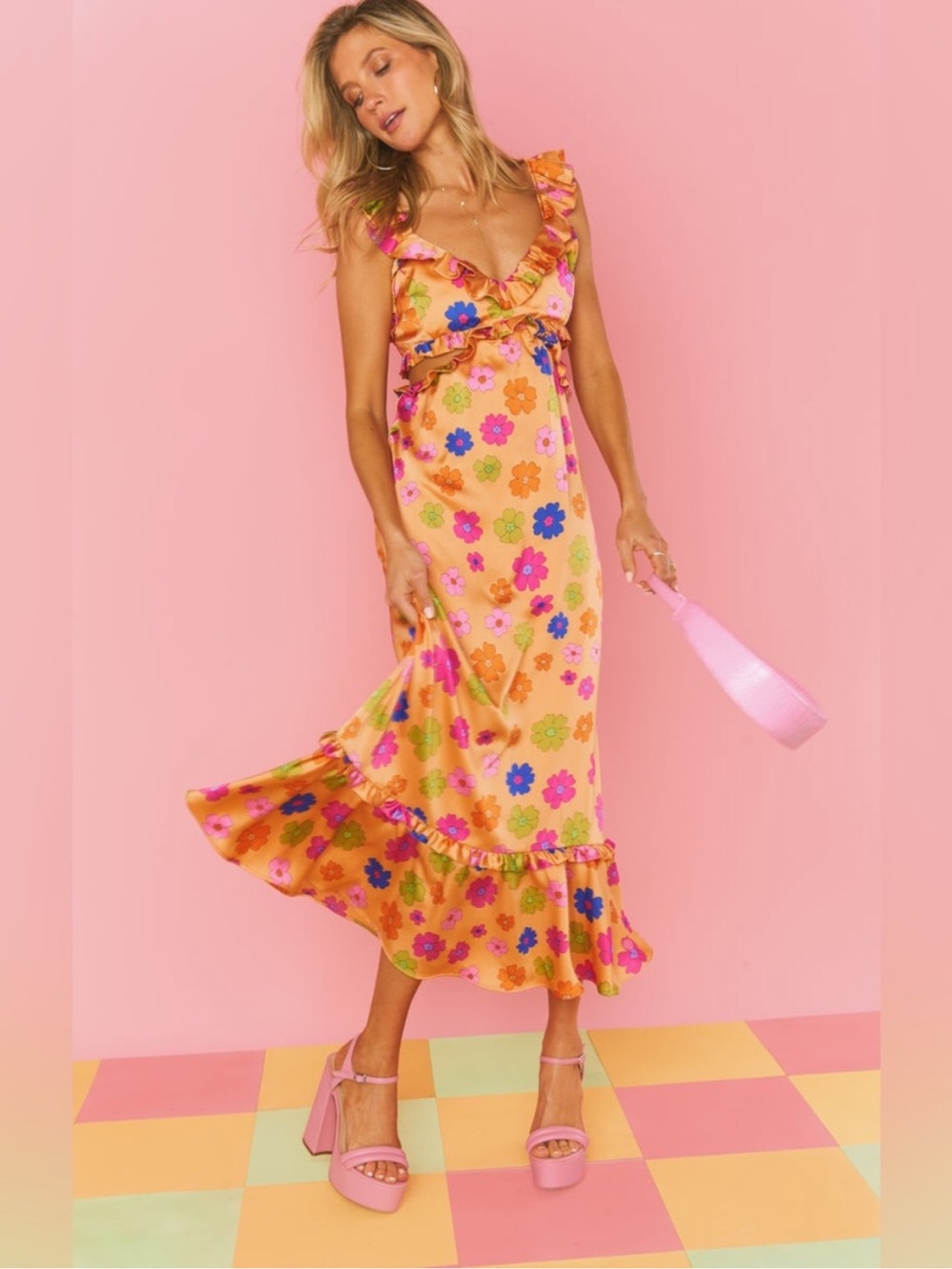 Show Me Your MuMu Orange Floral Ruffle Midi Dress